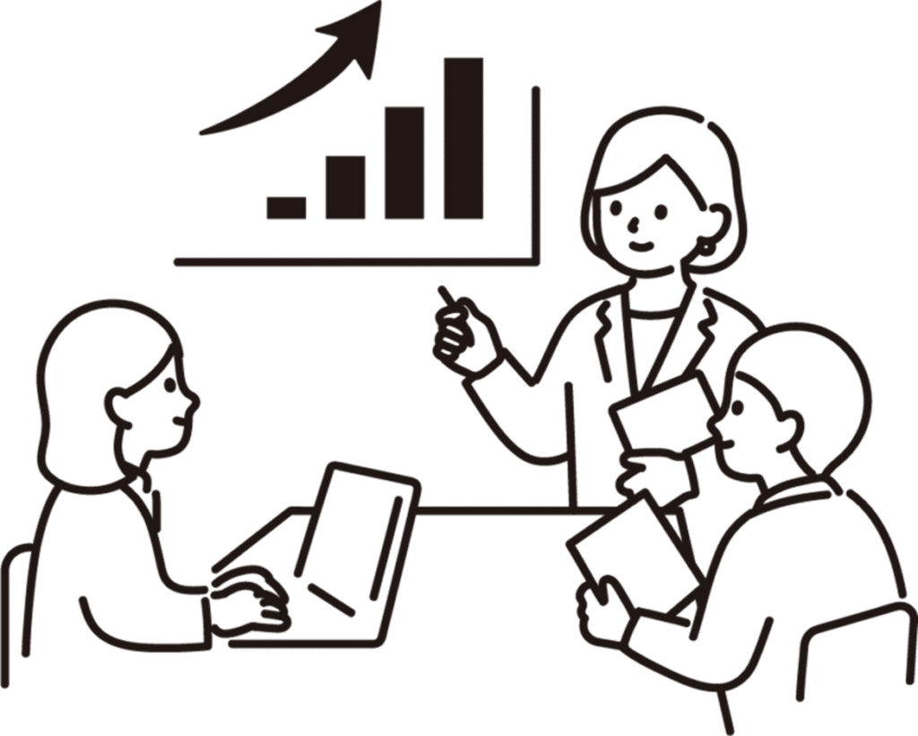 成果や成長を共有するミーティングの様子。